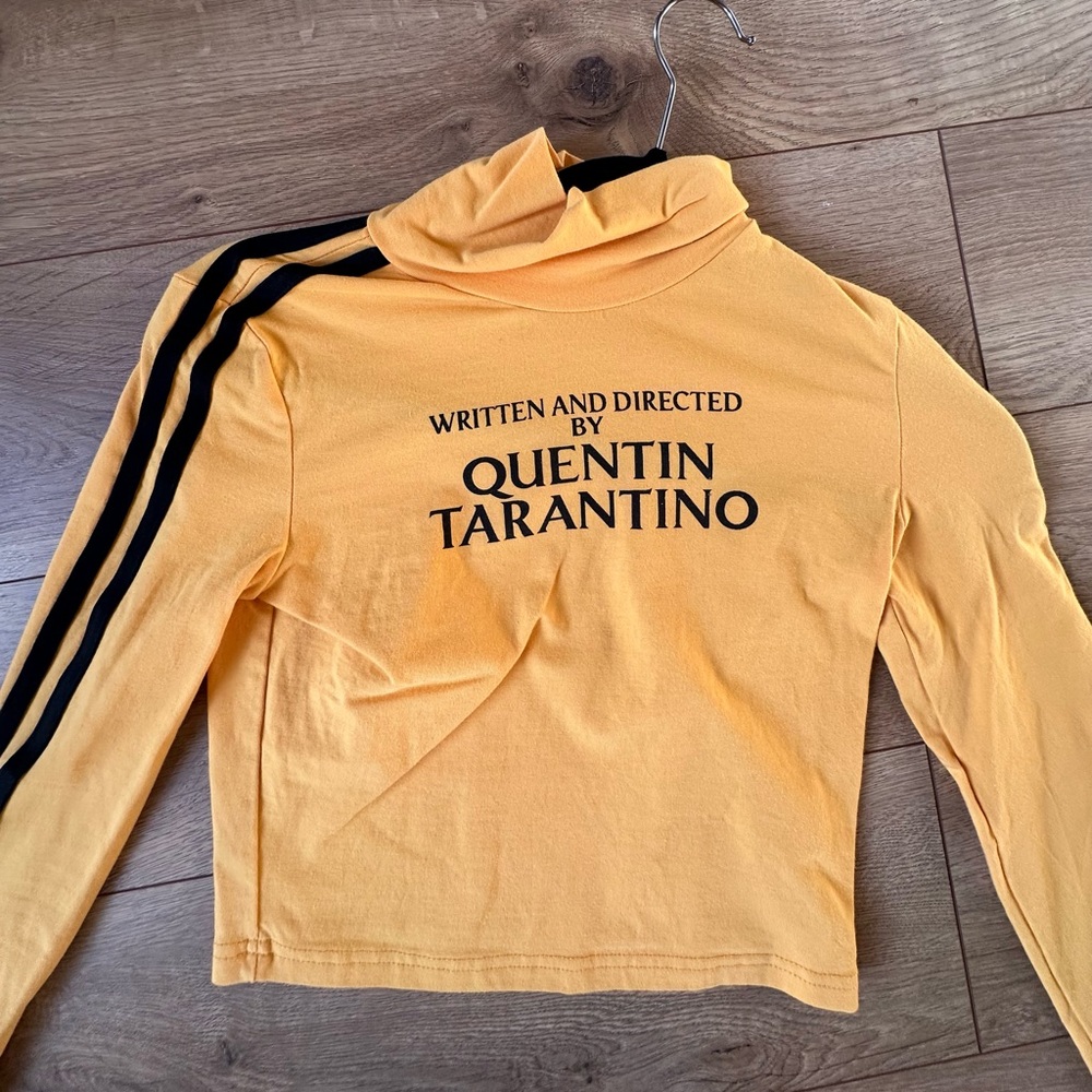Yellow mock neck Long Sleeved crop Top with Black Stripes - QUENTIN TARANTINO